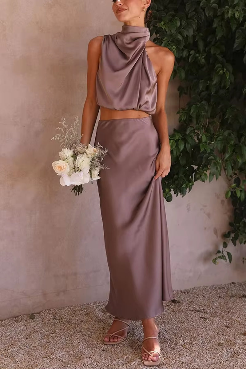 Satin Elegance: Women’s Two-Piece Sleeveless Long Skirt Set